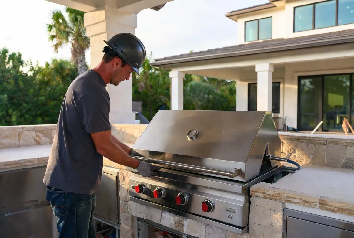 A Solid Rock Construction craftsman in a hard hat installing a stainless steel grill in a stone outdoor kitchen.