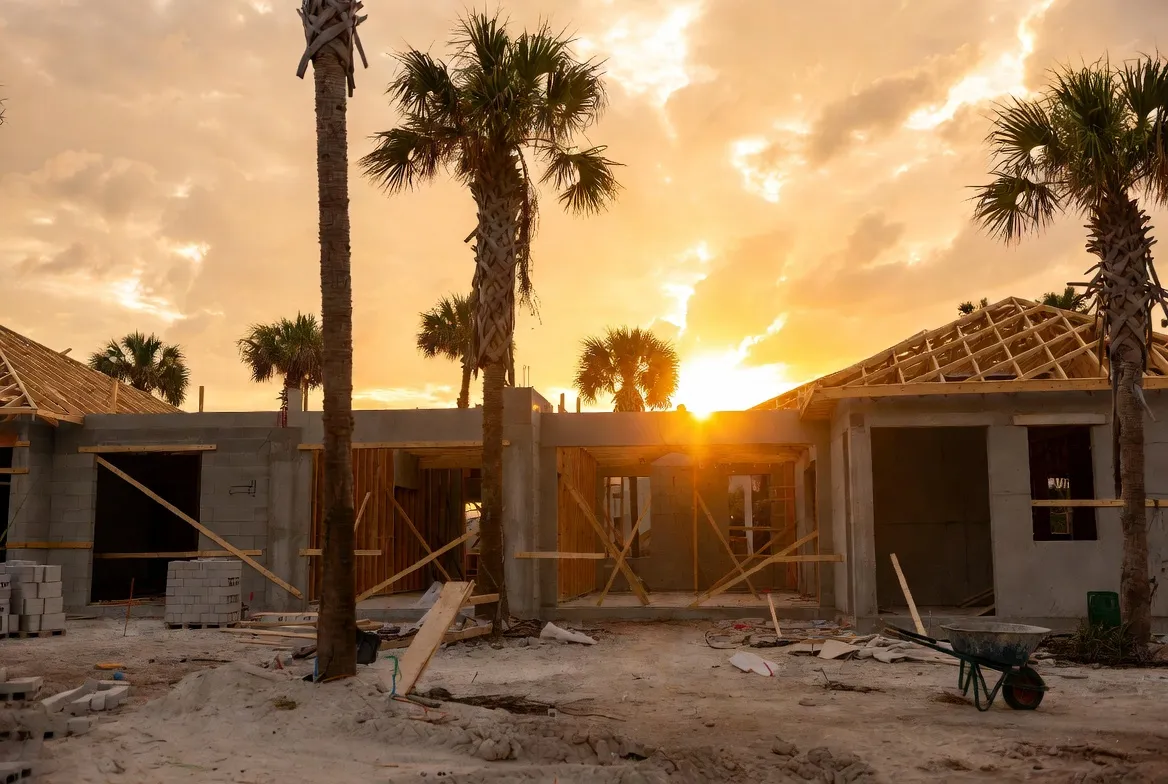Custom Southwest Florida home under construction at sunset, framed by palm trees.